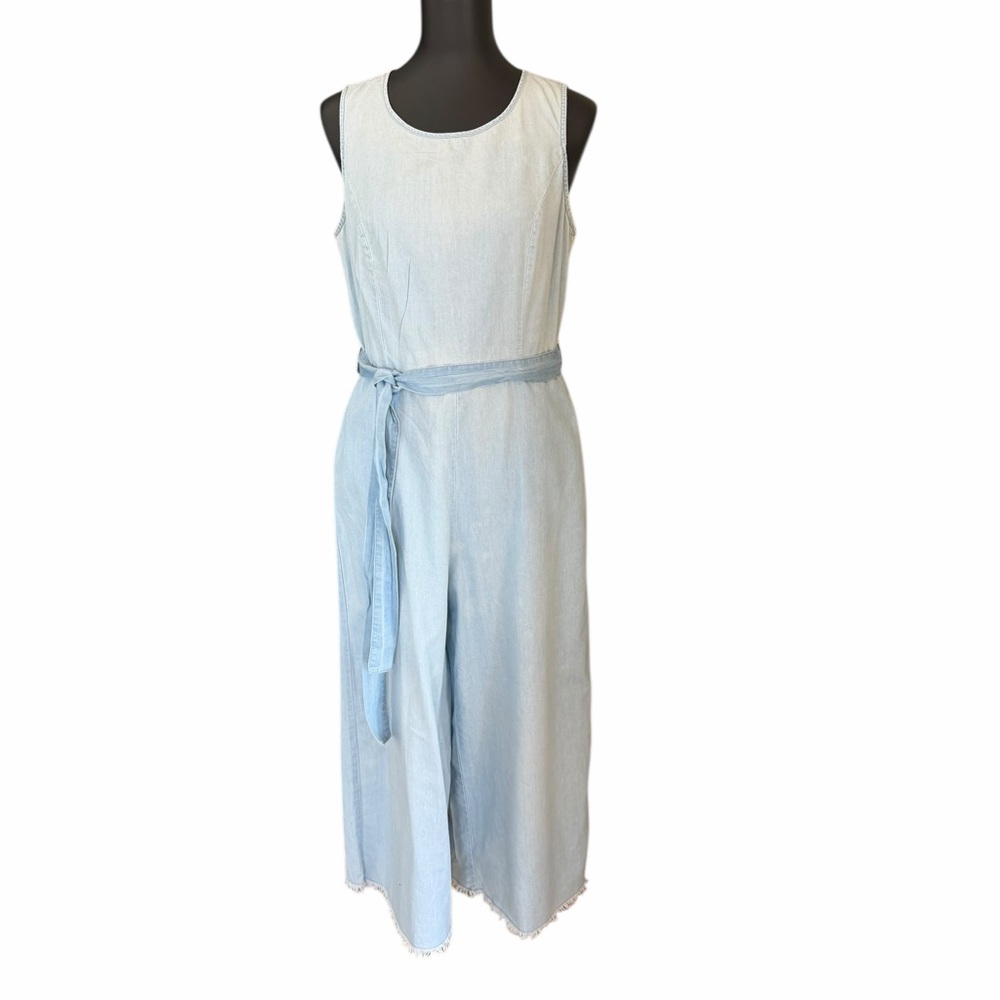 Light Blue Chambray Sleeveless Jumpsuit Size Med Modern Utility